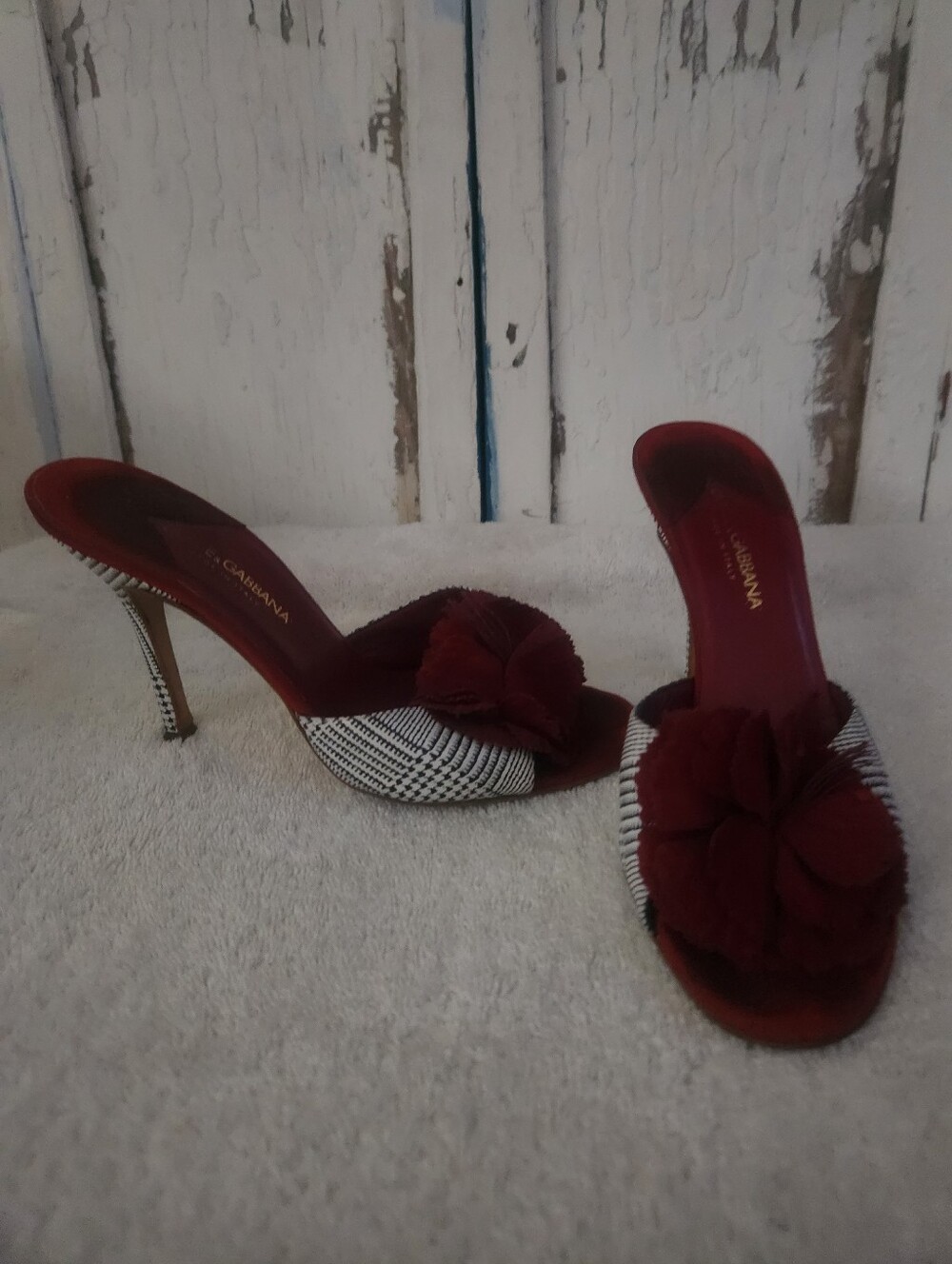 Dolce & Gabbana Beautiful & Timeless Black & White Slide Mules with Red Flower.